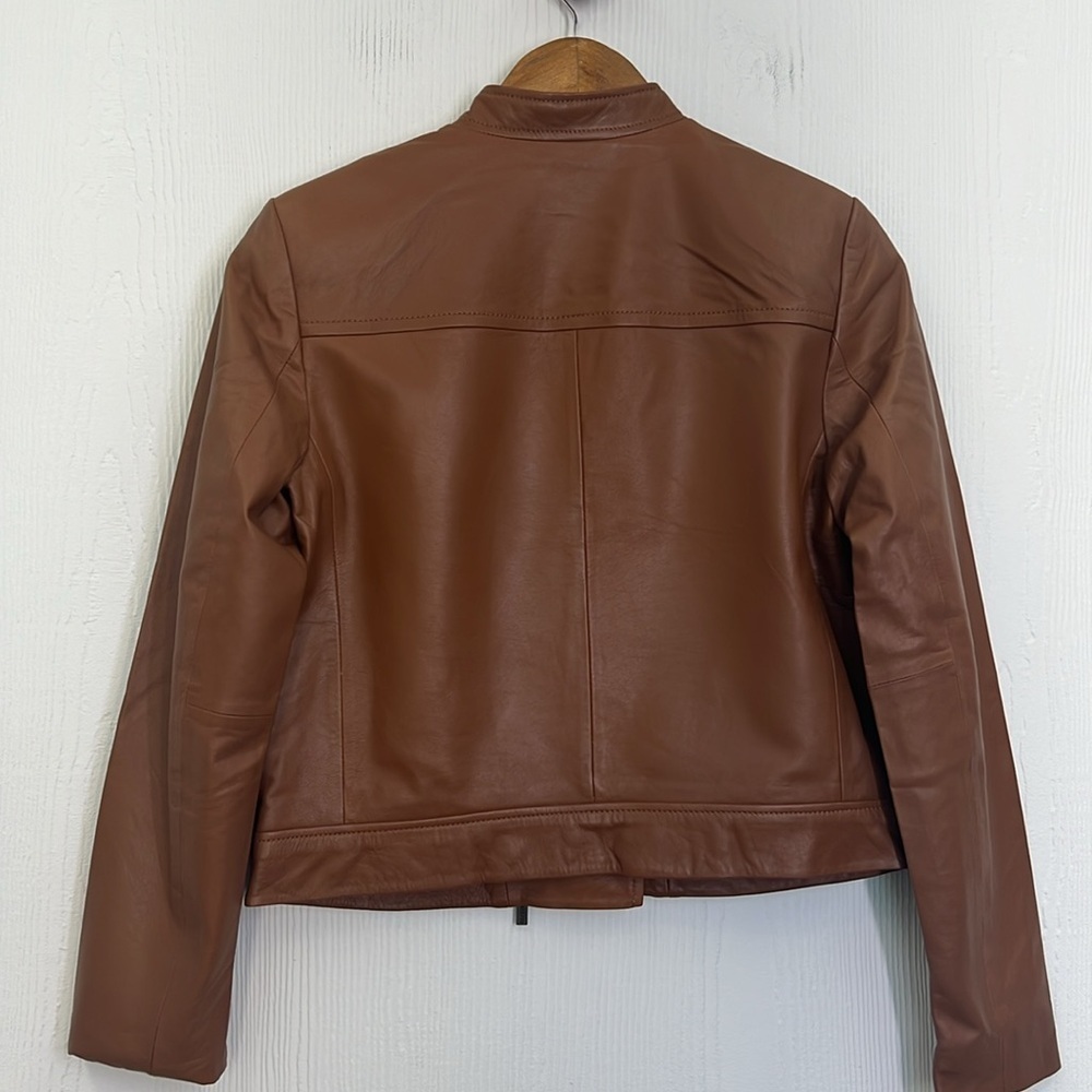 Michael Kors - Brown Leather Asymmetrical Zip Lined Long Sleeve Moto Jacket Med - Picture 12 of 12